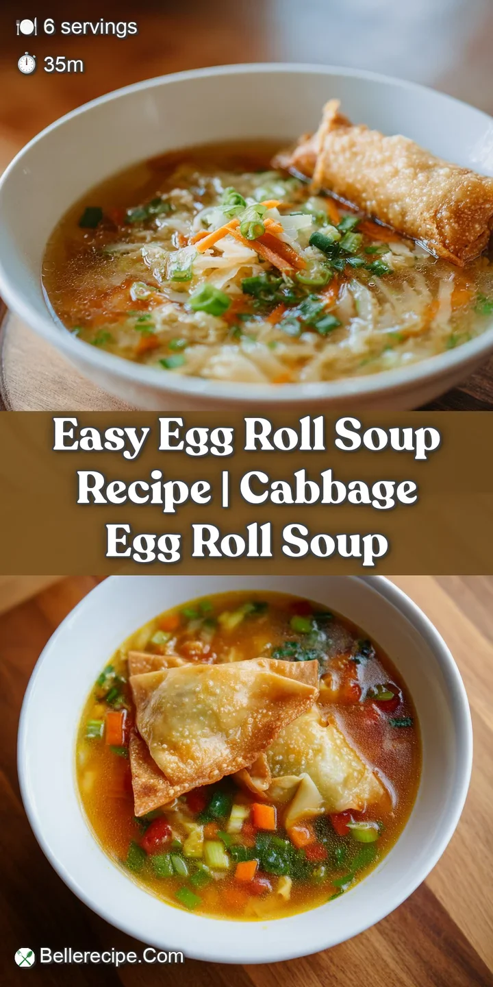 Close-up reveals the savory details of egg roll soup, including shredded cabbage, vibrant carrots, and glistening broth wi...