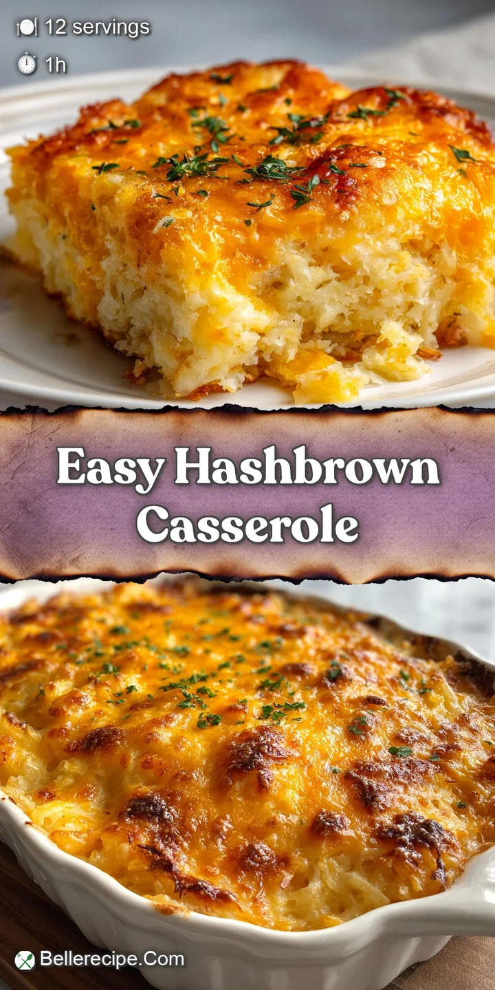Close-up of bubbly, cheesy hashbrown casserole; golden brown potatoes create a tantalizing texture with creamy, melted che...