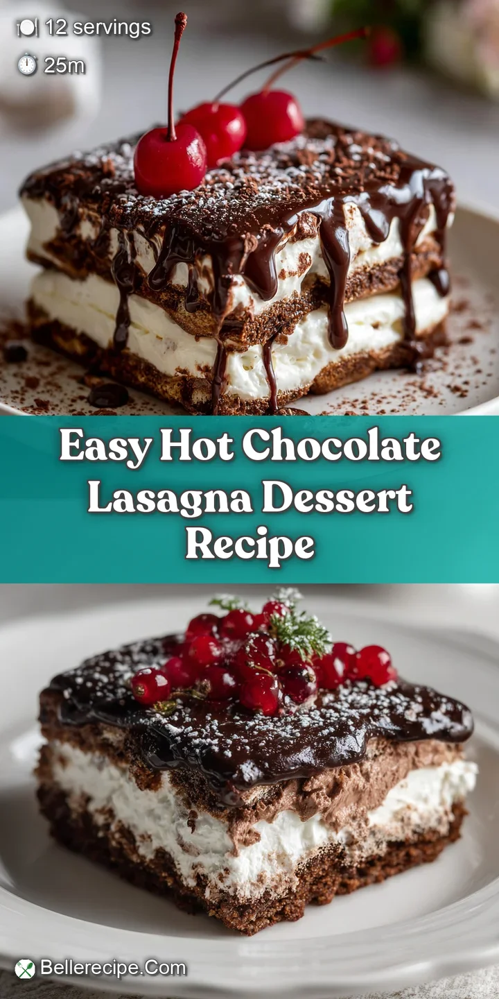 Close-up of hot chocolate lasagna, showing the creamy layers, cookie crumbles, and melted chocolate details. So decadent!