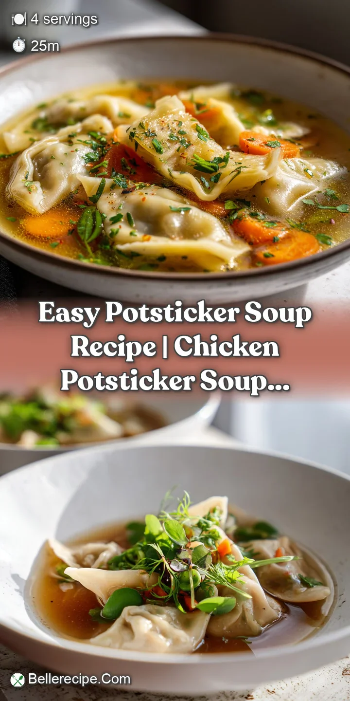 Close-up of glistening potstickers swimming in flavorful broth with flecks of herbs and chili oil, promising a comforting ...