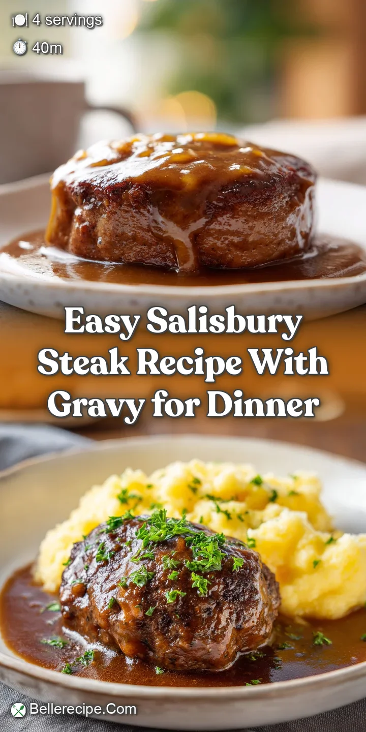 Close-up of a glistening Salisbury steak smothered in deep brown gravy, showcasing its tender texture and savory, comforti...