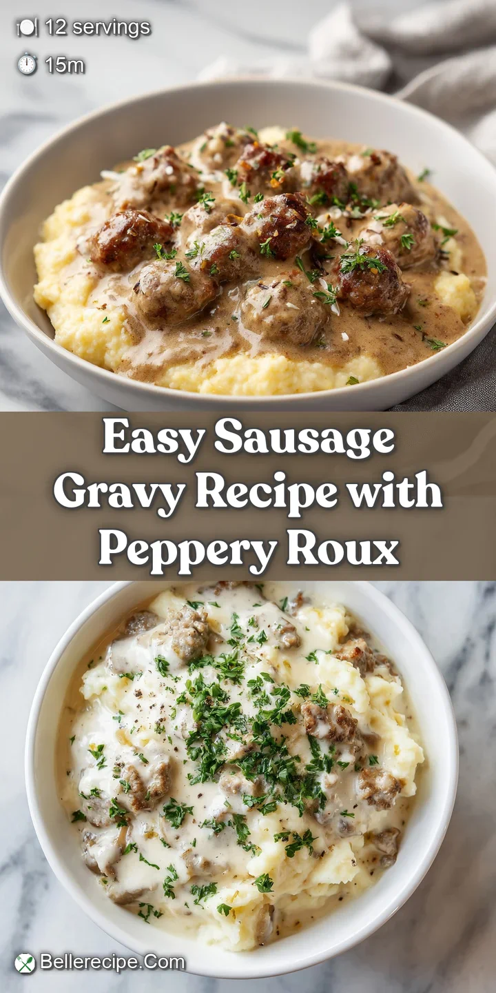Close-up of rich, steaming sausage gravy; browned bits and creamy white sauce create a savory, comforting visual.