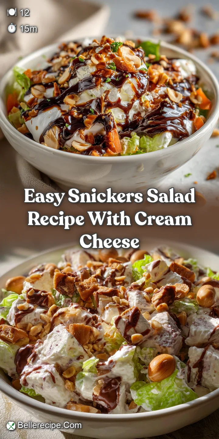Close-up of a Snickers salad highlighting the creamy texture, chopped apples, glistening caramel, and crunchy peanut pieces.