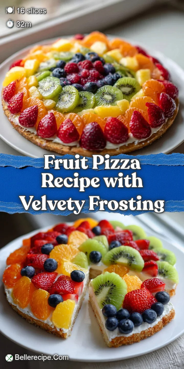 Close-up of a fruit pizza slice. See the soft cookie crust, creamy filling, and shiny glaze of various fresh fruit toppings.