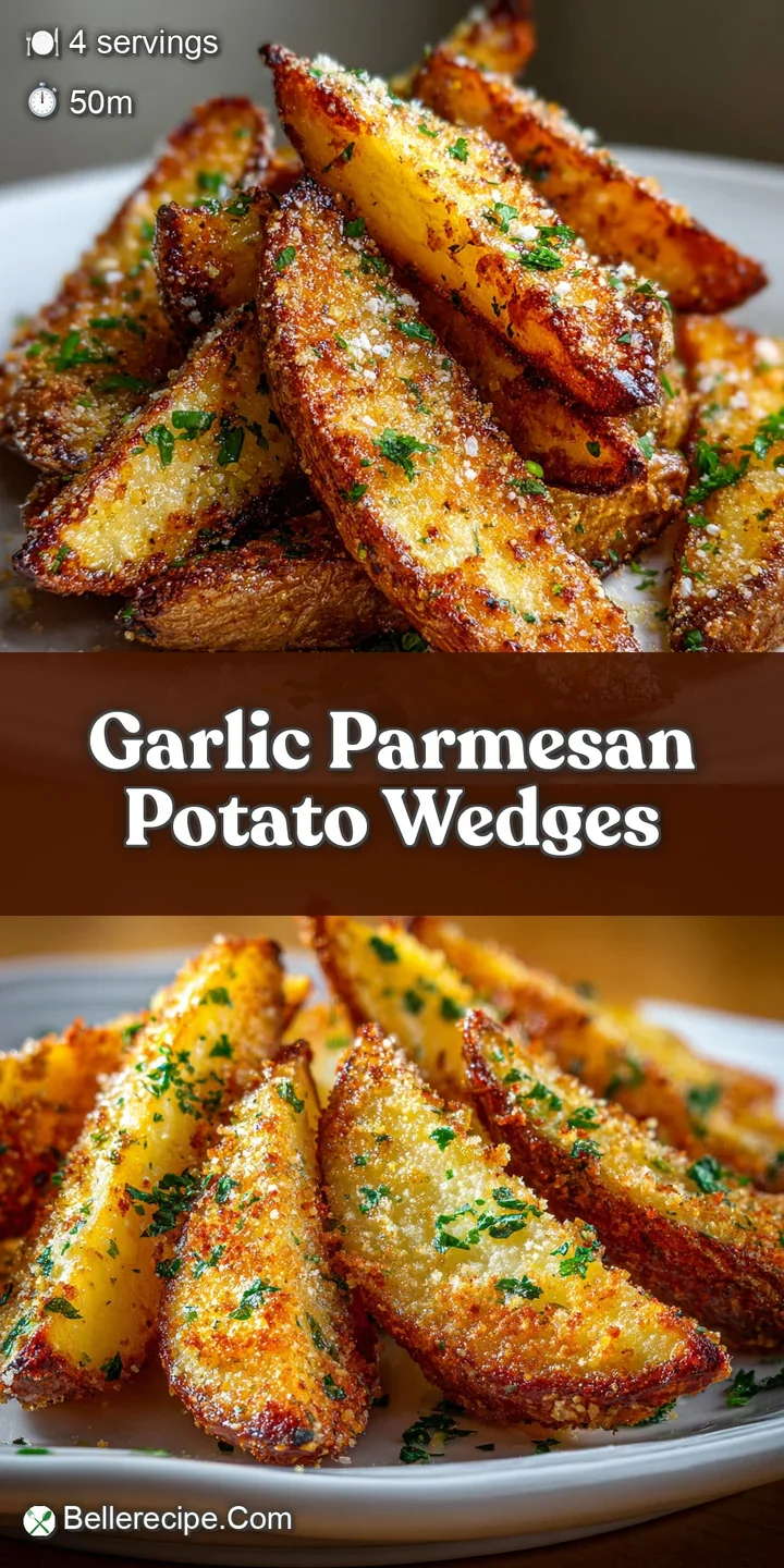 Close-up shot of a pile of garlic parmesan potato wedges, highlighting the crispy edges, grated cheese, and delicious, sav...