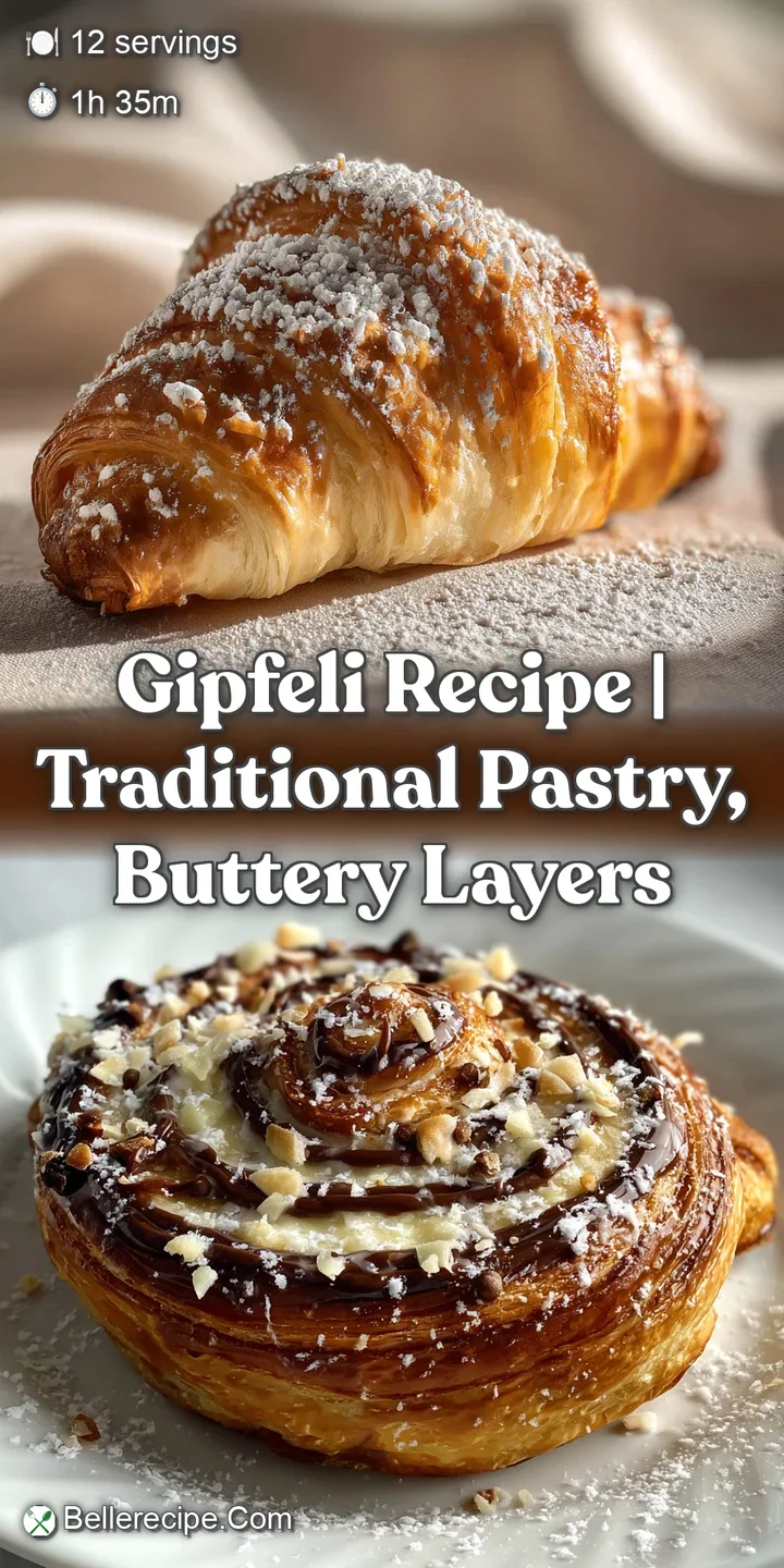 Close-up of a Gipfeli, showcasing its perfectly flaky layers and buttery sheen. Warm, inviting tones with a tantalizingly ...