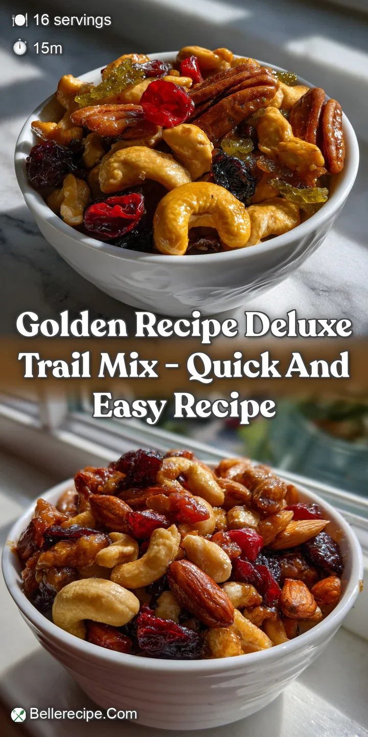 Close-up of a handful of trail mix, showcasing the varying textures of nuts and seeds coated in a rich, amber-colored hone...