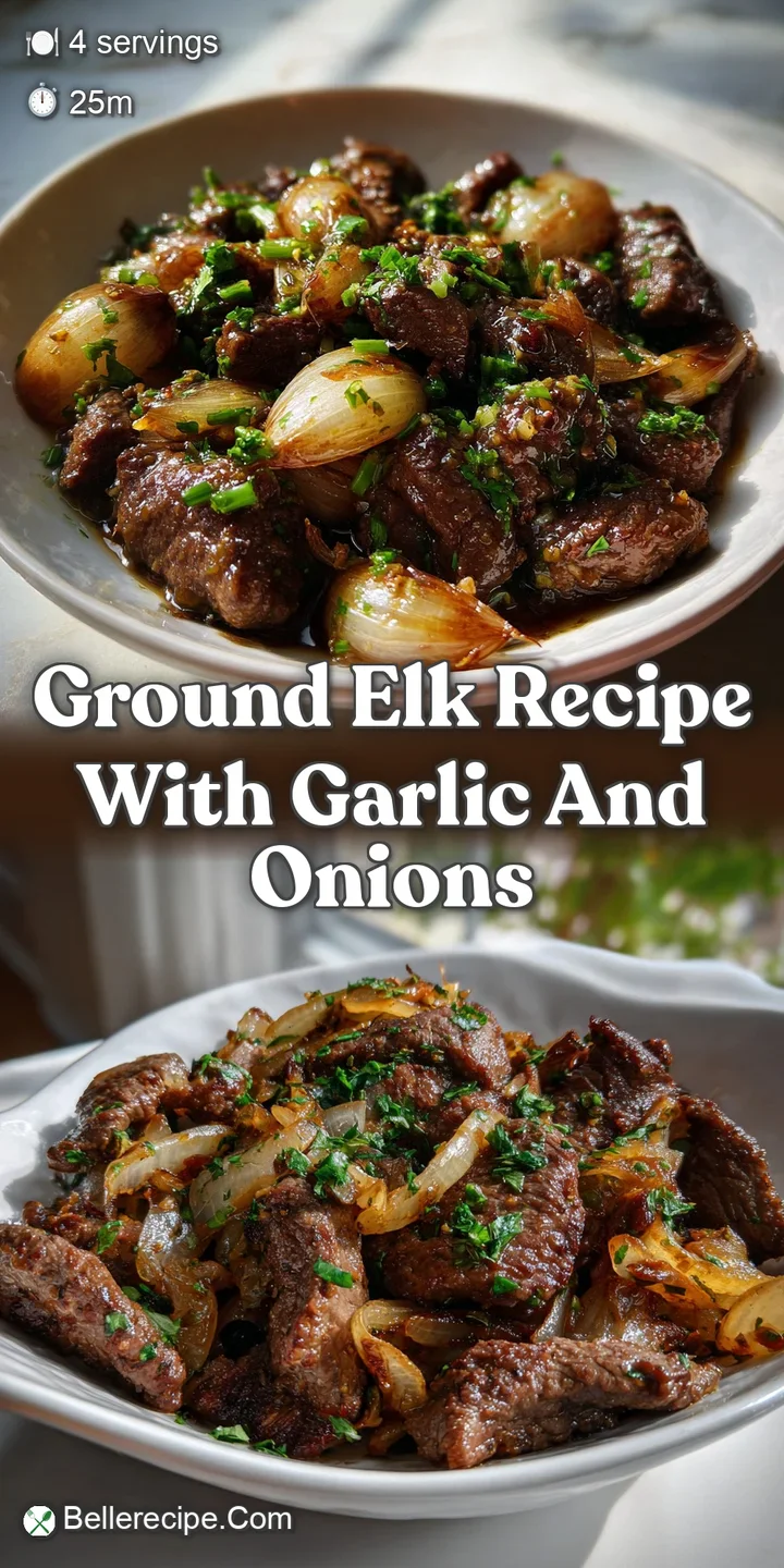 Close-up shot of the savory ground elk, showing a dark, rich color with perfectly browned bits of meat and softened, trans...