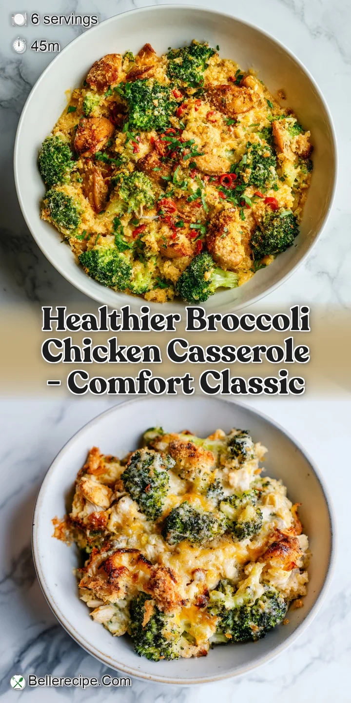 Close-up: Tender chicken and soft broccoli baked in a rich, creamy sauce with bubbly, browned cheese on top, delicious com...