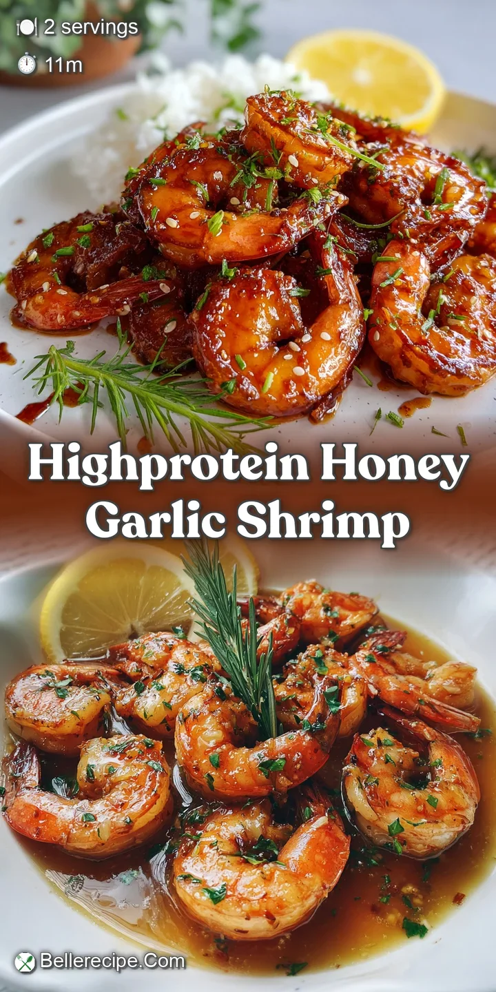 Succulent, plump shrimp coated in a sticky-sweet honey garlic glaze. A tantalizing, close-up view of a quick and easy dish.