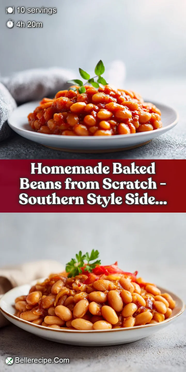 Thick, glossy baked beans with a rich red-brown hue, a slight sheen, and flecks of savory seasoning.