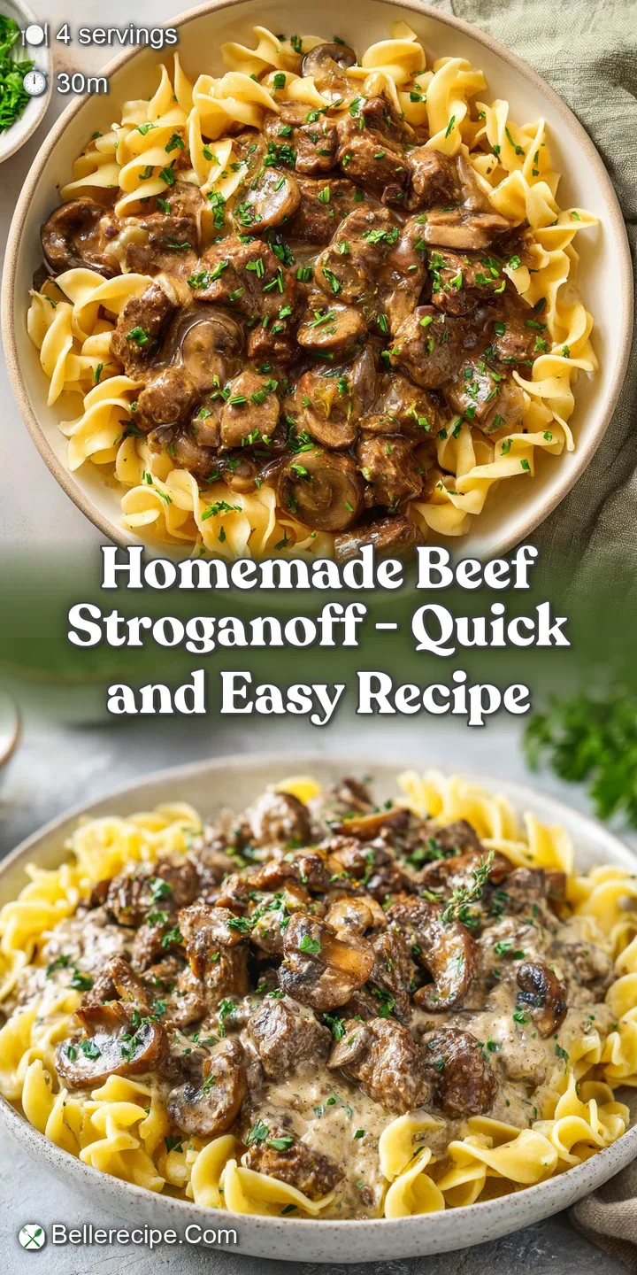 Close-up shot of rich, creamy beef stroganoff showing tender beef and silky sauce clinging to wide egg noodles, warm and i...