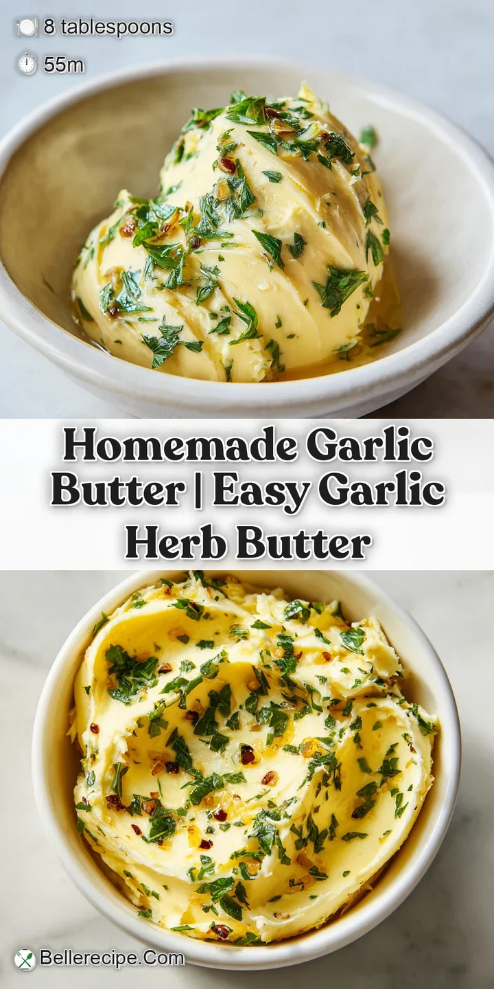 Close-up of whipped golden butter with soft roasted garlic pieces and vibrant green herb flecks in a swirl.