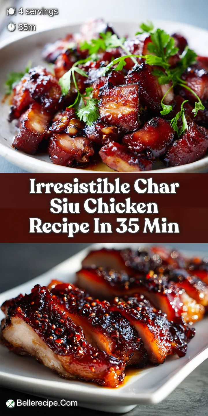 Close-up of succulent char siu chicken; the rich, reddish-brown glaze shines, promising a sweet and savory flavor burst.