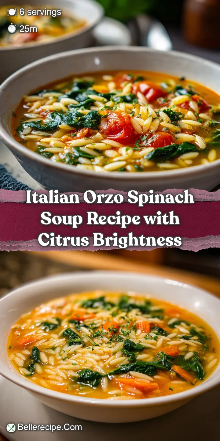 Close-up of a spoonful of warm orzo spinach soup, revealing tender orzo, wilted spinach, and a glistening, savory broth.