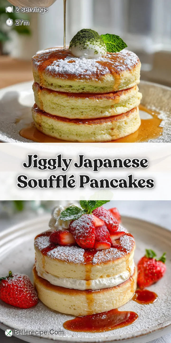 Close-up shot of jiggly Japanese souffl&eacute; pancake, showcasing its airy, spongy texture with powdered sugar dusting.