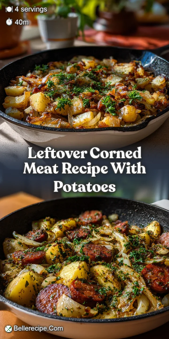 Close-up reveals the texture of the corned beef and potatoes. The golden-brown crust is speckled with black pepper flecks.