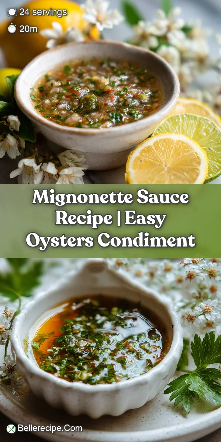 Close-up of clear mignonette sauce featuring visible flecks of pepper, herbs and shallots. Wet, shiny, and ready to eat.