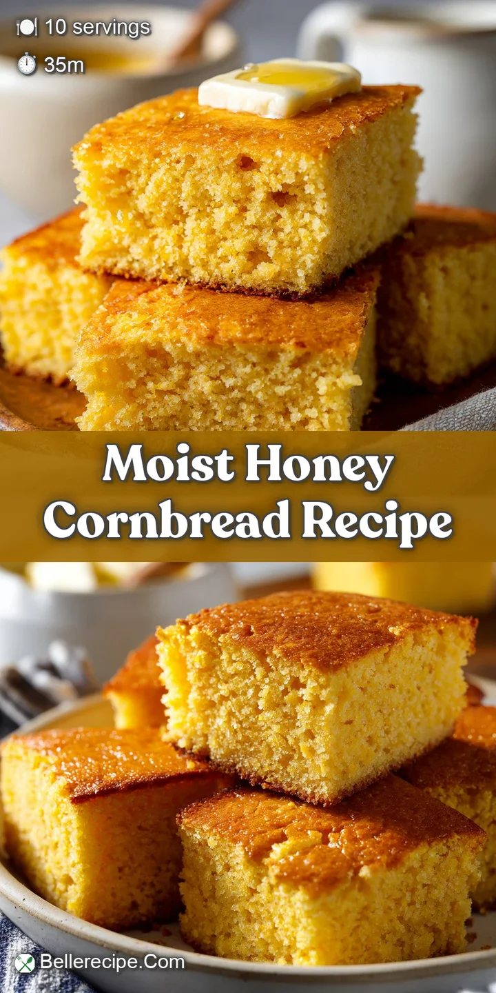 Close-up of honey drizzled onto warm cornbread. Notice the crumbly texture and golden hue, soft edges, inviting steam.