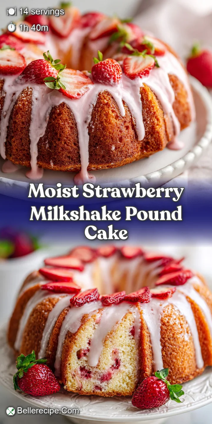 Close-up of moist pound cake: vibrant strawberries dot a dense crumb, topped with a creamy glaze.