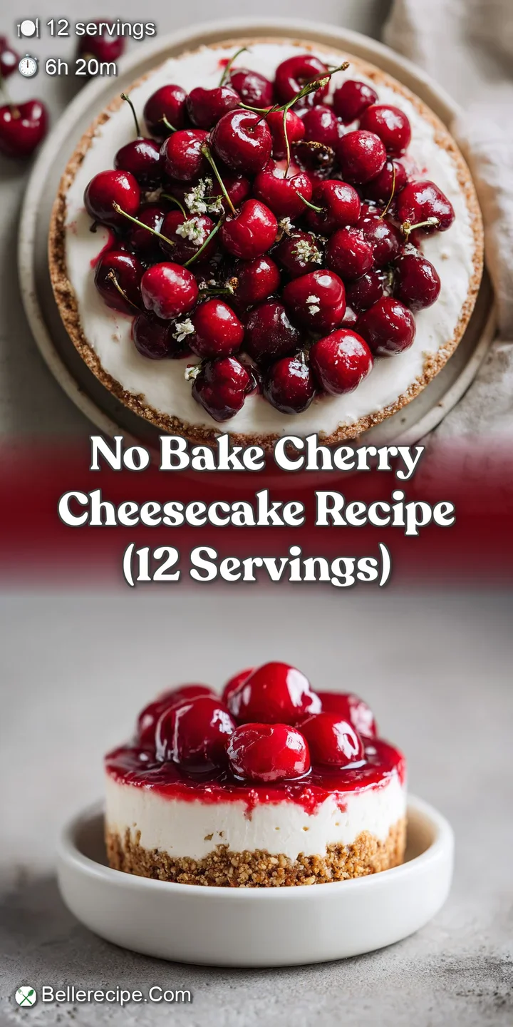 Close-up of a chilled cherry cheesecake; luscious creamy texture, bright red cherries, and a crumbly graham cracker crust.