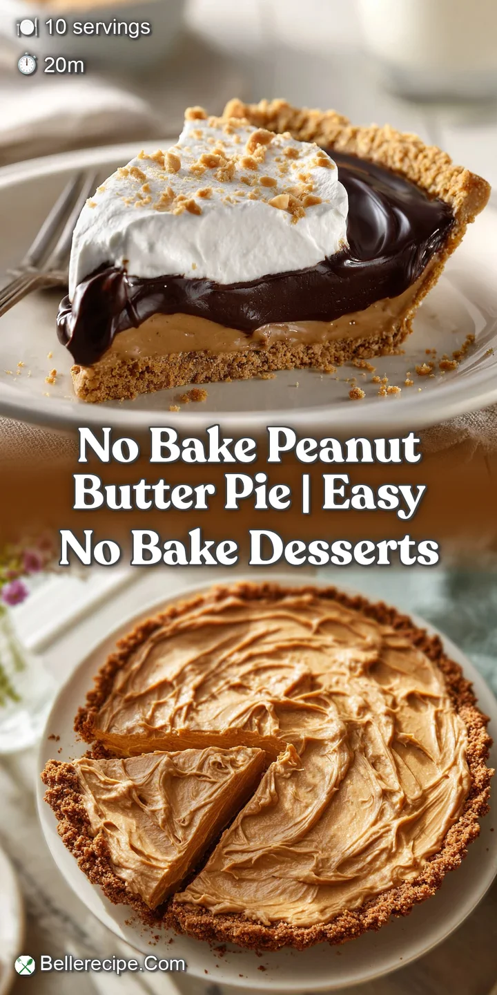 Close-up of a fork digging into a creamy peanut butter pie, showing its luscious texture and thick, crumbly crust.
