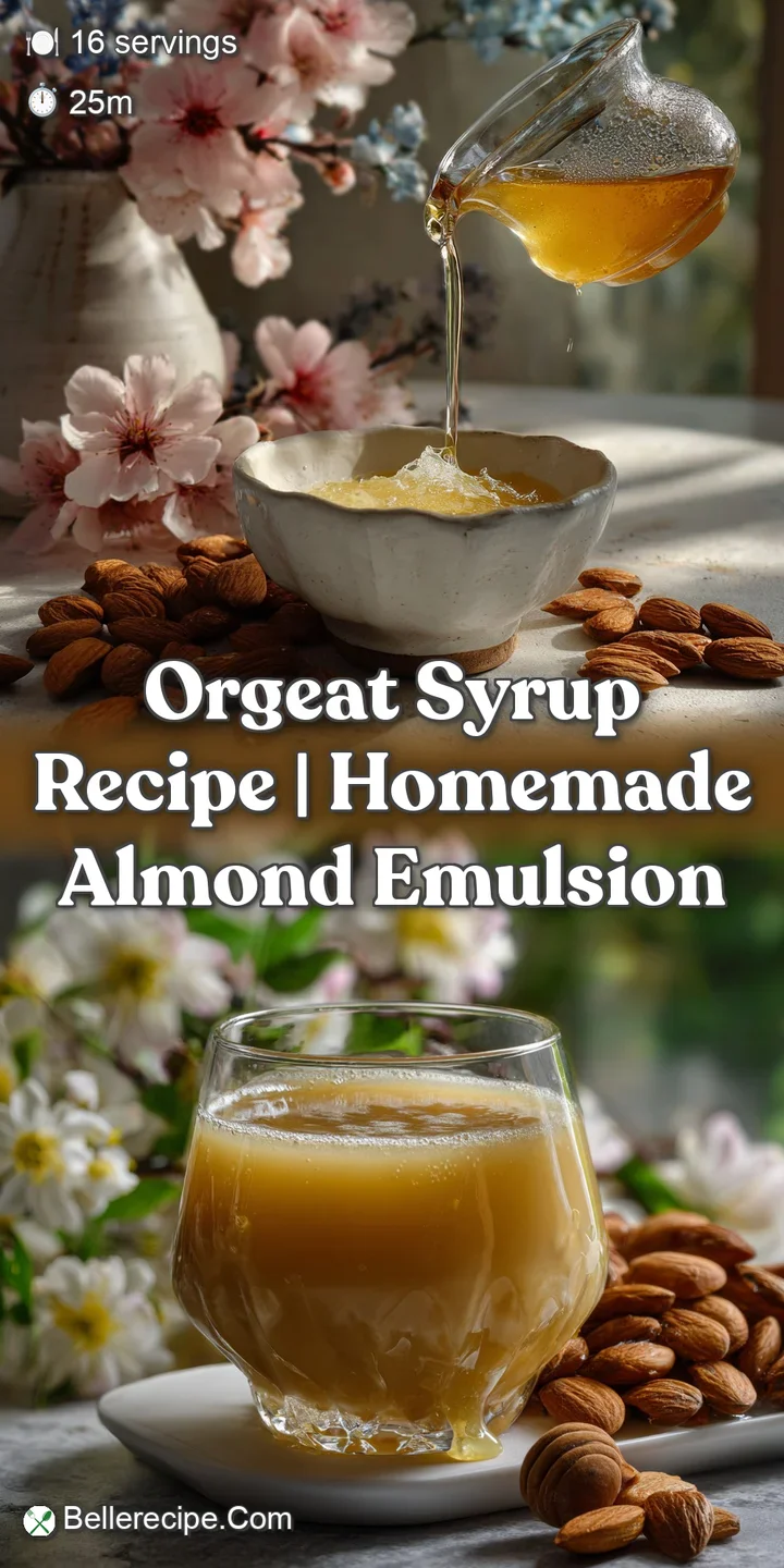 Close-up of a swirling, creamy orgeat syrup. The glistening surface reveals tiny almond pieces suspended, with a subtle, w...