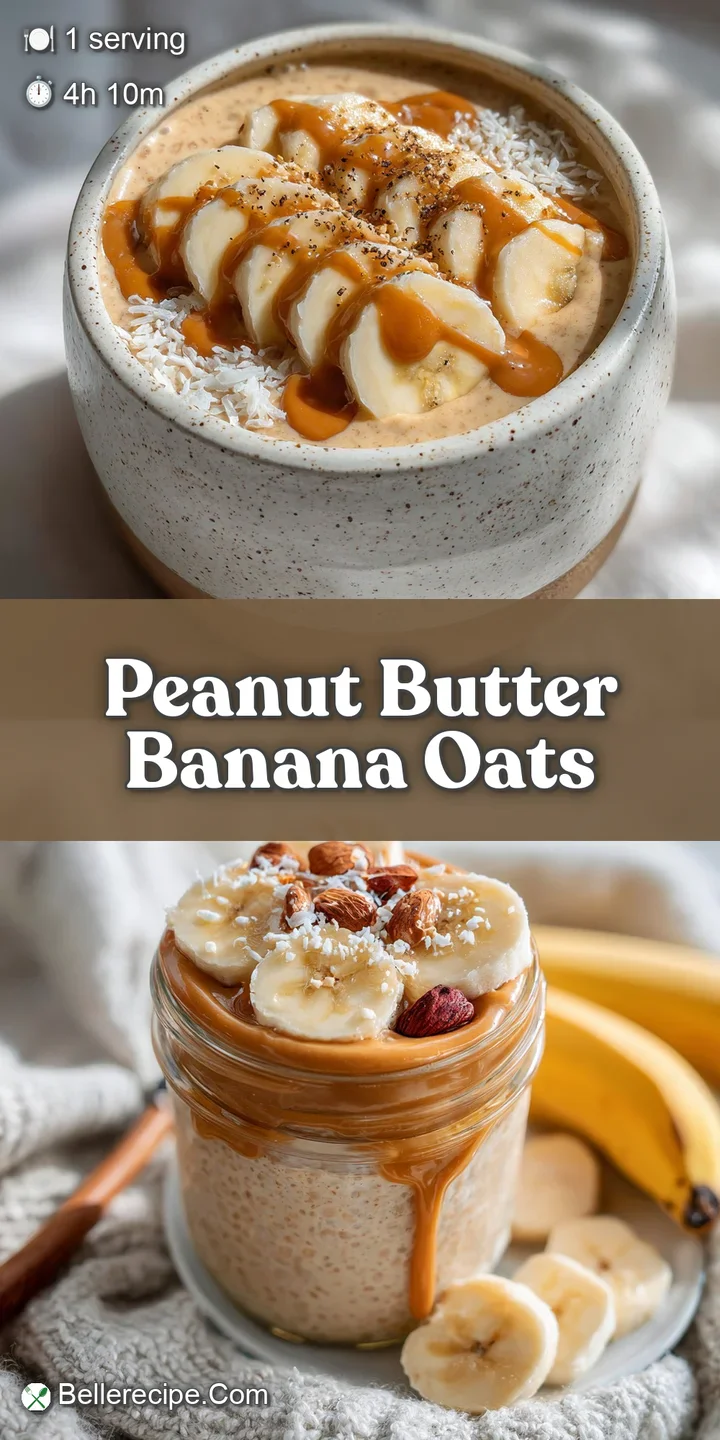 Close-up of creamy peanut butter banana oats with visible textures from the banana slices and chia seeds, showcasing its a...