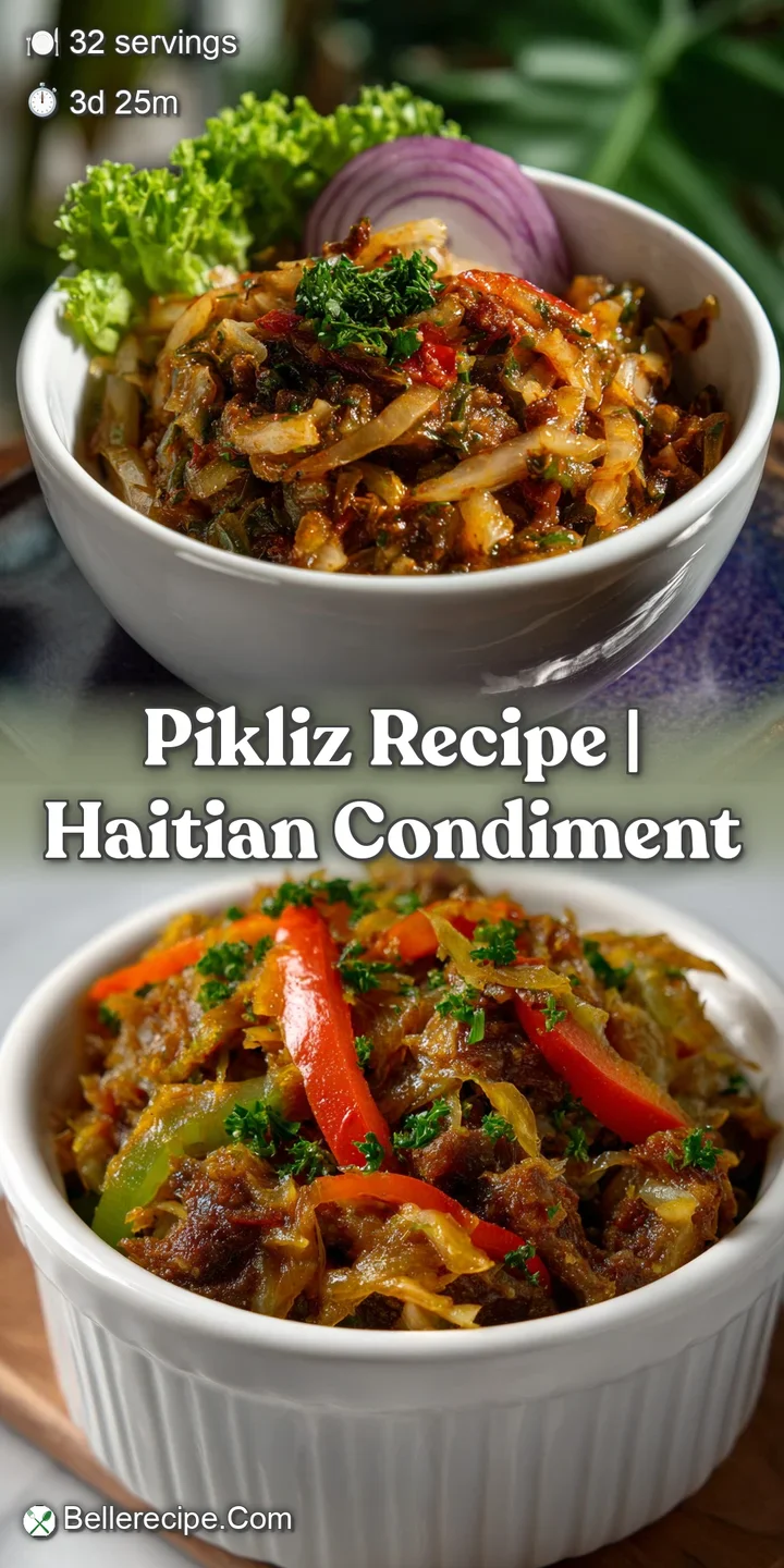 Close-up of crunchy pikliz reveals thin slivers of colorful cabbage, carrots, and peppers, suspended in a shimmering, spic...