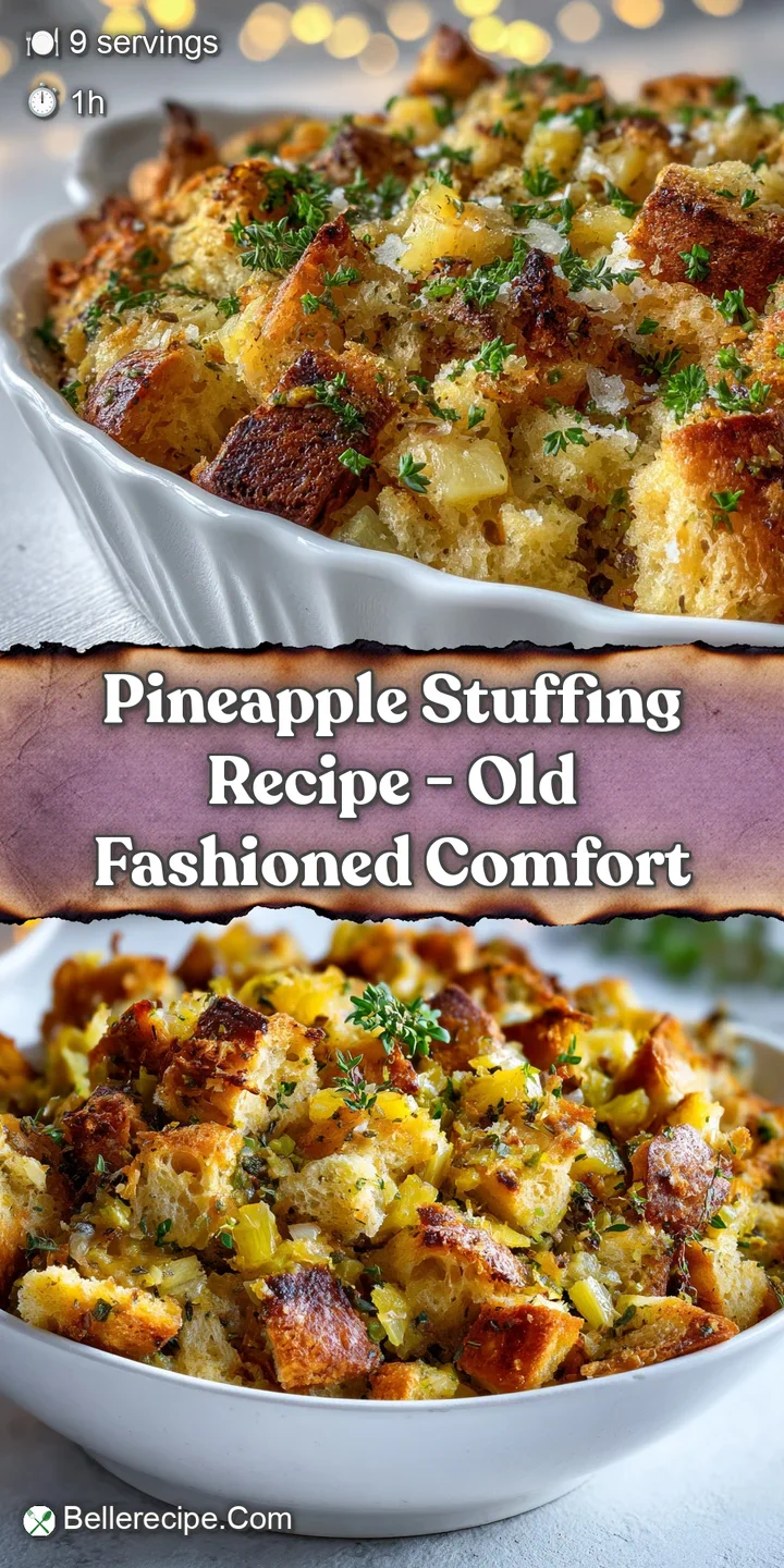 Close-up of moist, slightly browned pineapple stuffing, showcasing the soft bread texture and chunks of sweet fruit.