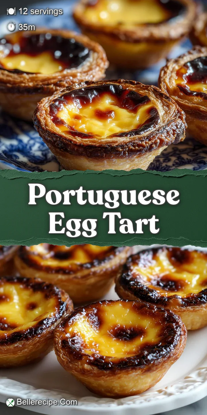 Close-up of a luscious Portuguese egg tart. The creamy, yellow custard is kissed with dark brown spots. Flaky crust glistens.