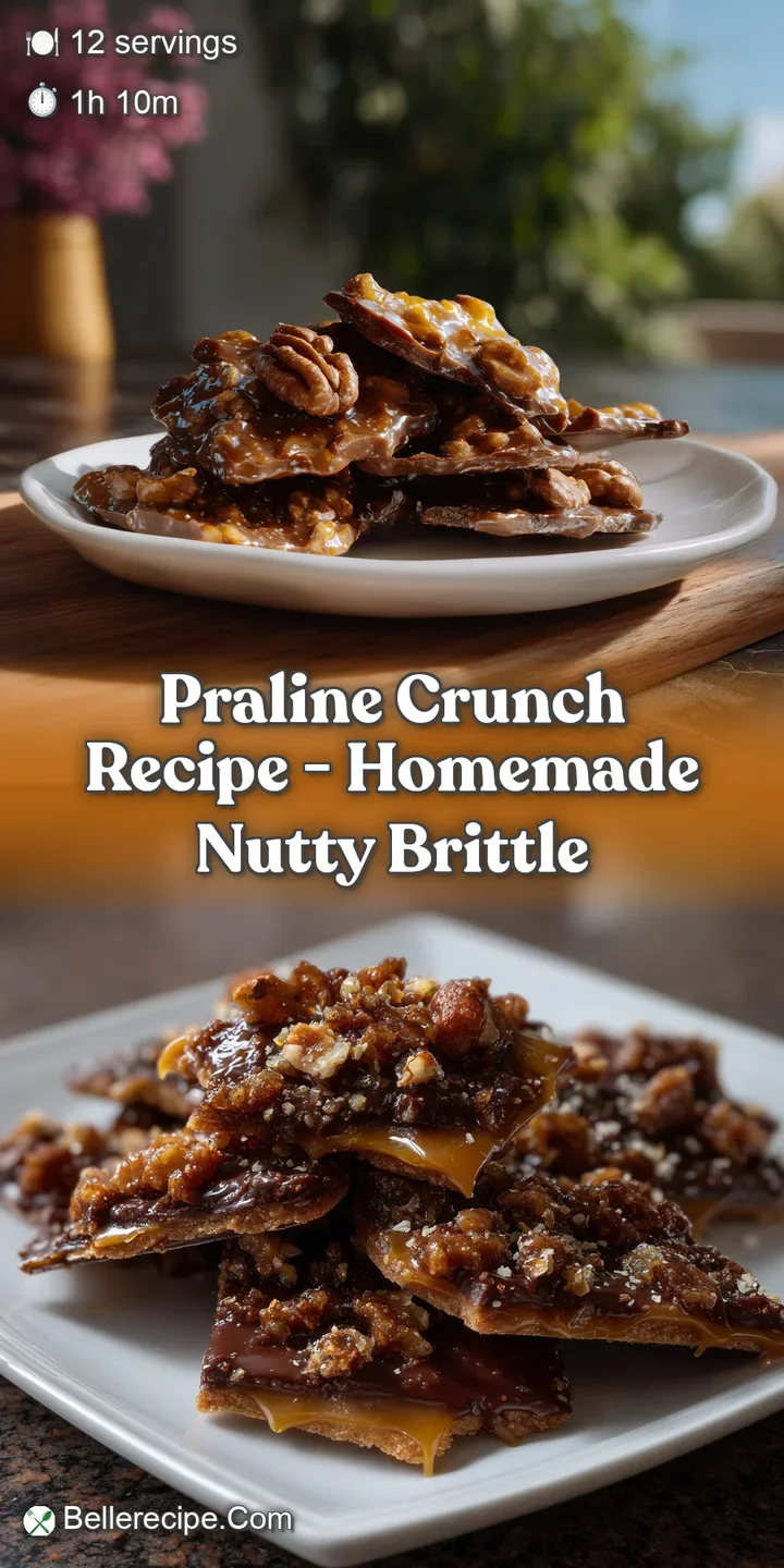 Close-up showcasing the glassy, amber sheen of the pecan brittle, with crunchy pecan pieces peeking through the hardened s...