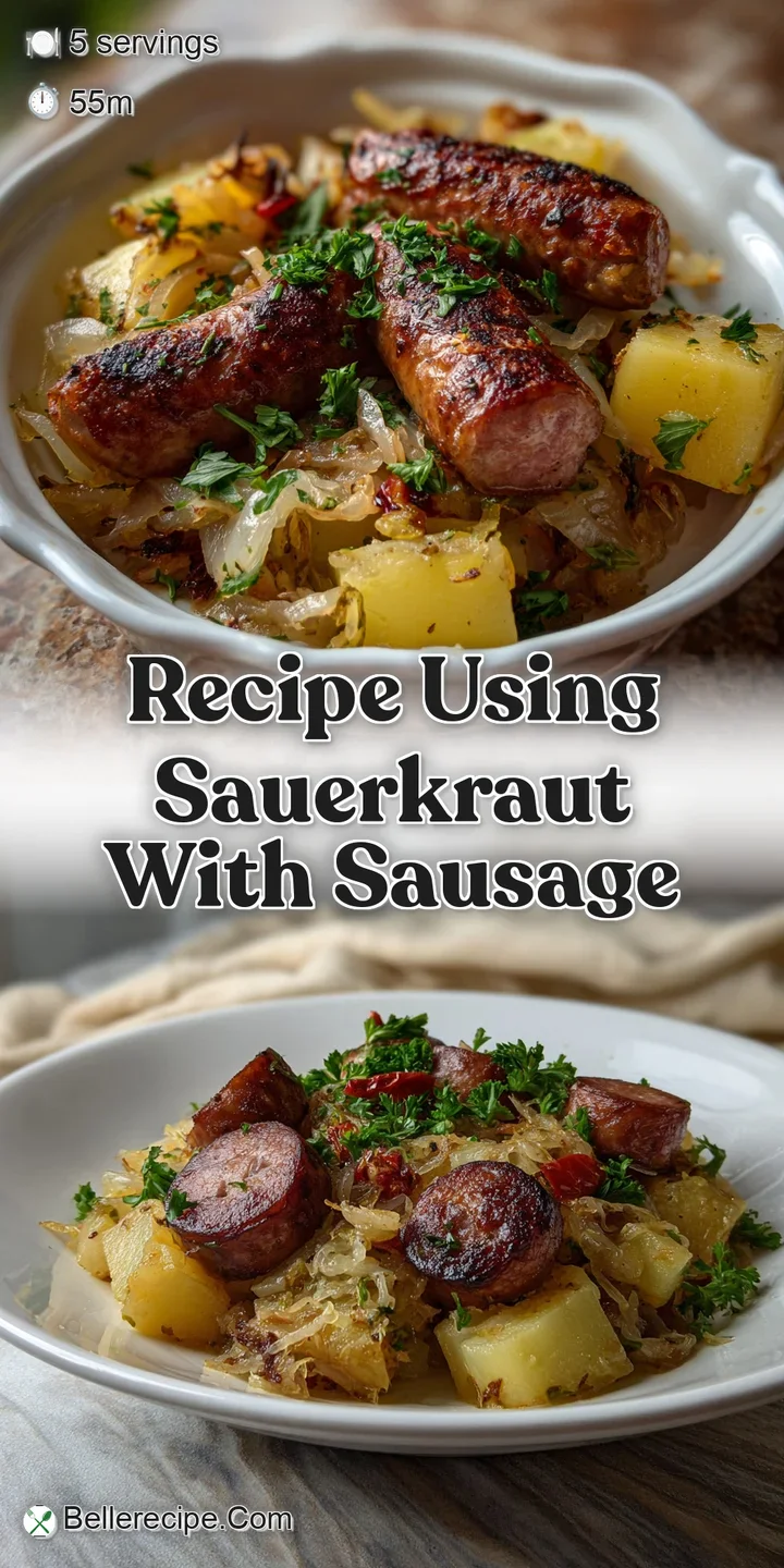 Close-up of tender sausage nestled in tangy sauerkraut, revealing the lightly caramelized, bubbly texture after baking.