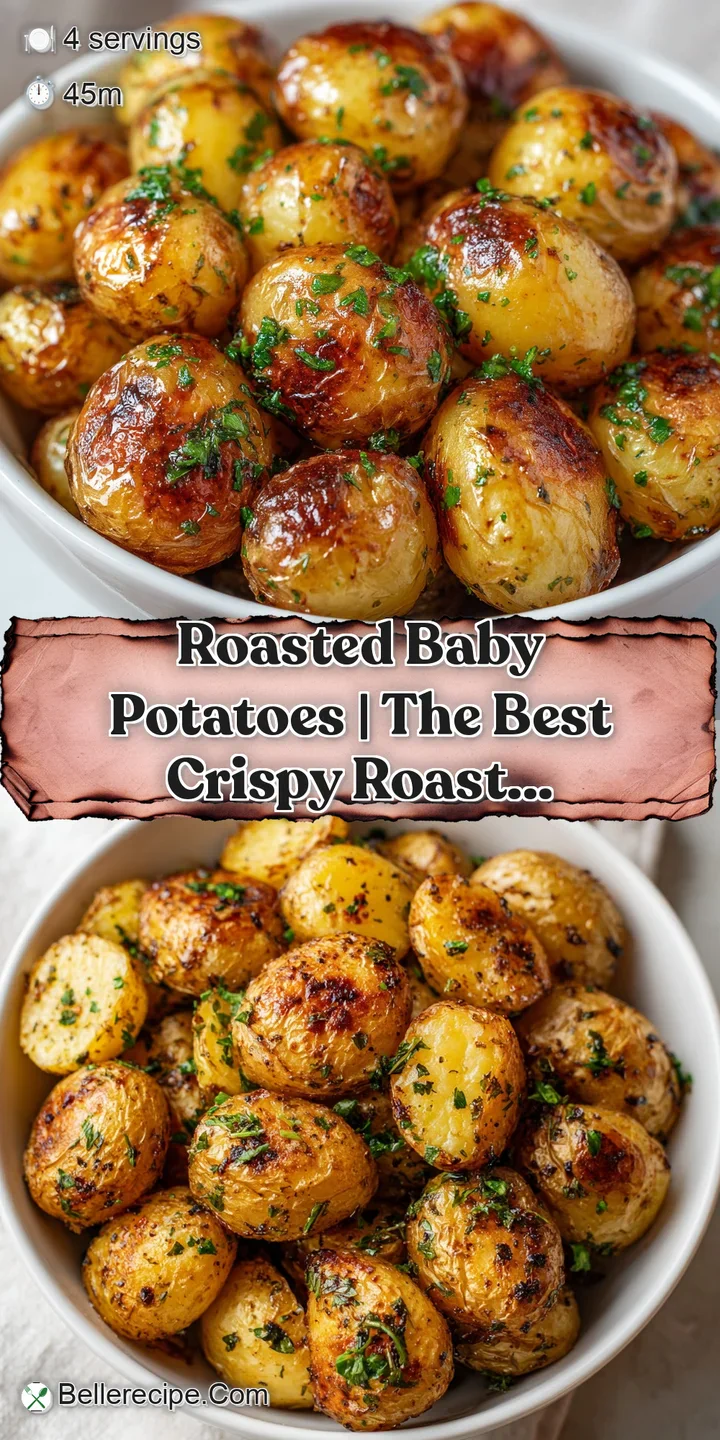 Close-up of fluffy, golden-brown roasted baby potatoes with a satisfyingly crispy skin.