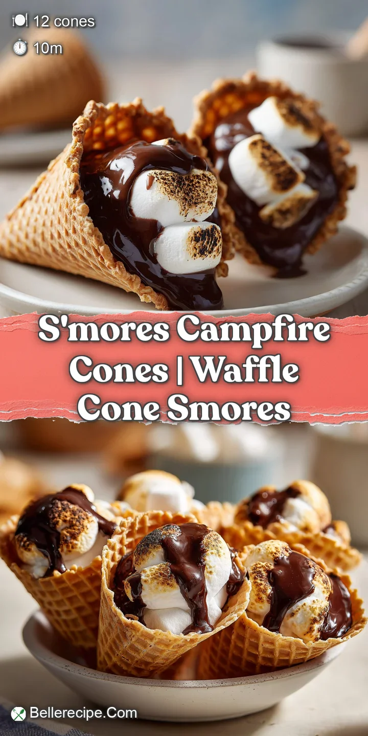 Close-up of bubbly, golden-brown toasted marshmallows and thick molten chocolate inside a crispy waffle cone.
