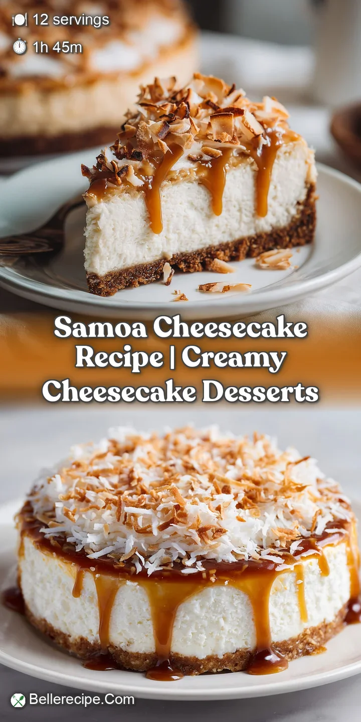 Close-up reveals luscious layers of caramel, chocolate, and toasted coconut atop a creamy cheesecake filling. Sweet aroma ...