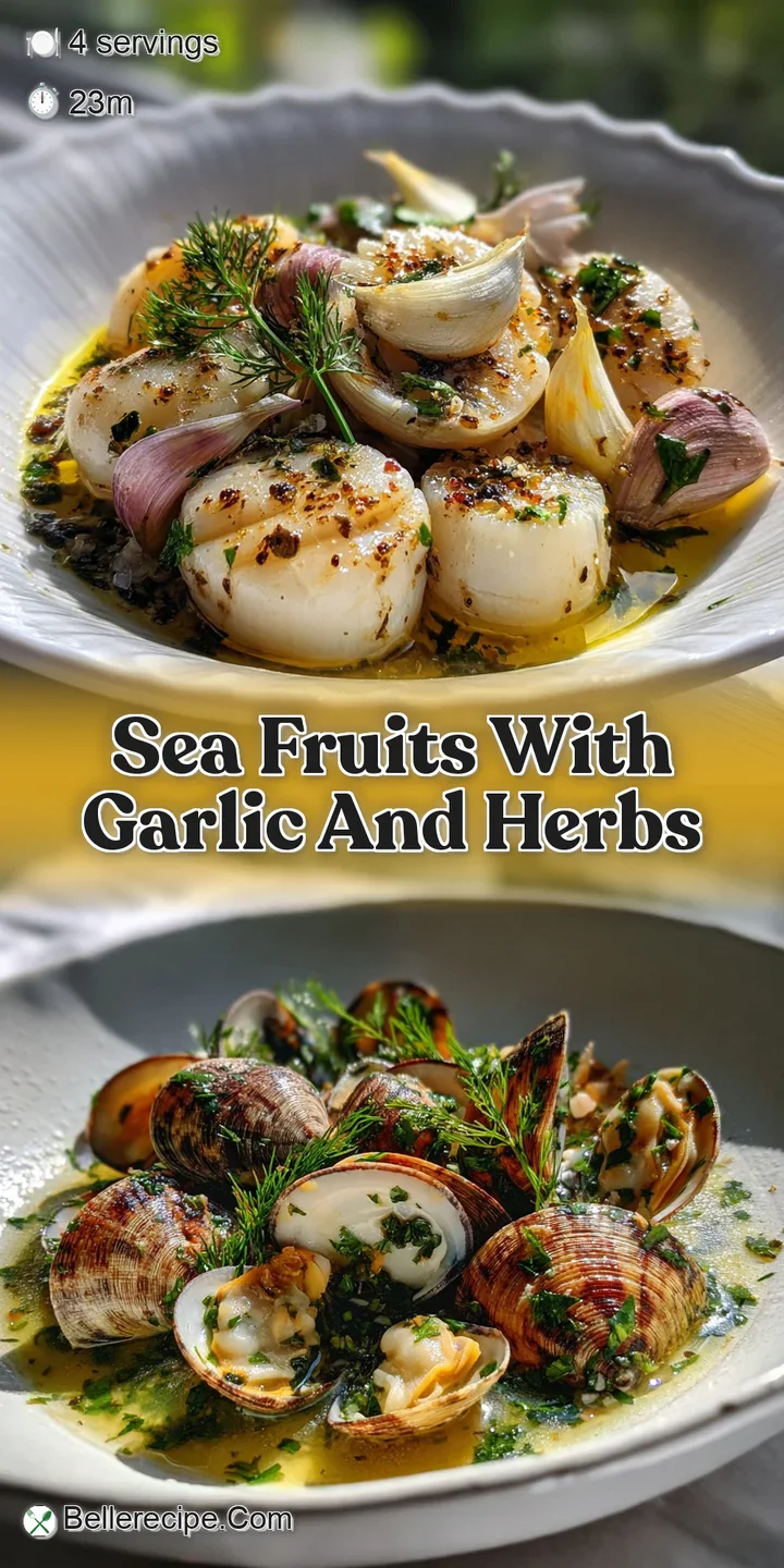 Close-up reveals glistening mussels, plump shrimp, and fragrant herbs bathed in a light, savory sauce. Fresh and inviting ...