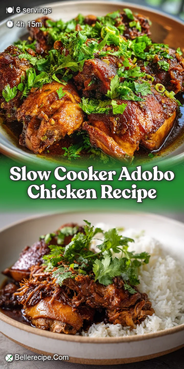 Close-up shot of succulent adobo chicken, glistening with savory sauce, with visible herbs and spice creating texture.