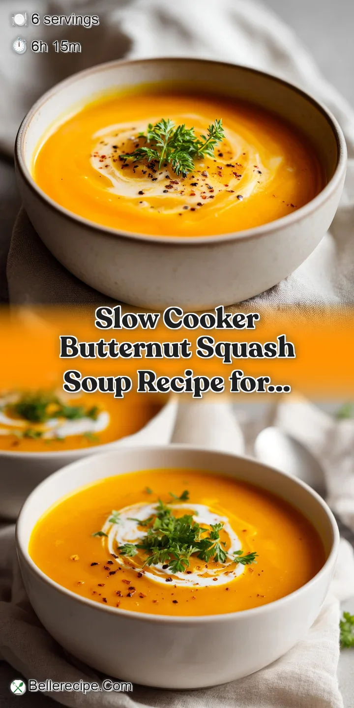 Close-up of rich, orange butternut squash soup, highlighting its velvety texture and vibrant color, topped with herbs.