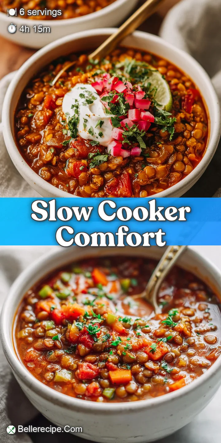 Close-up of chunky lentil chili, glistening with a light sheen of oil, showing a mix of textures and a vibrant, appetizing...