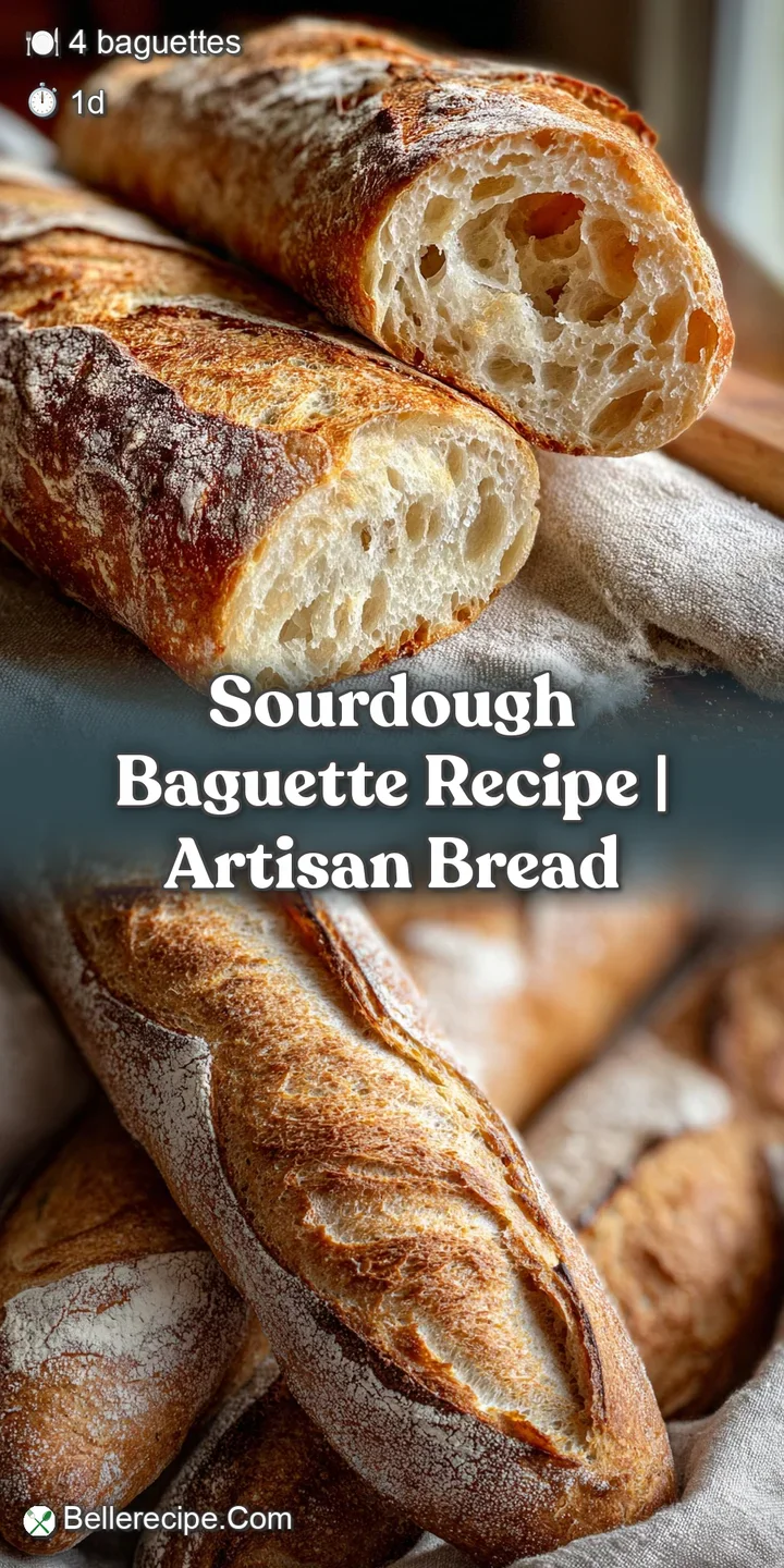 Close-up of a sourdough baguette reveals a deeply browned, crisp crust with steam escaping. Large, irregular holes dot the...