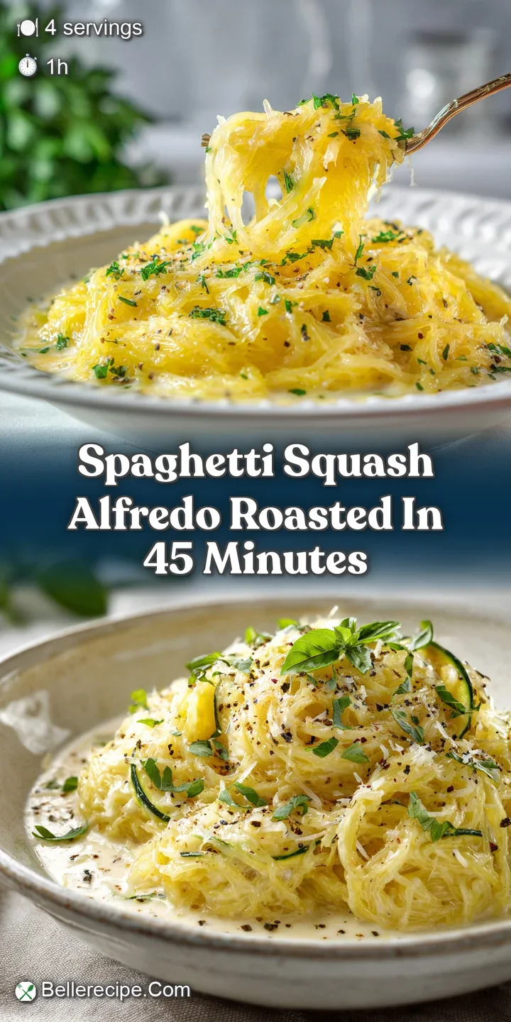 Creamy Alfredo sauce clings to delicate strands of spaghetti squash. Close-up highlights the glistening texture and fresh ...