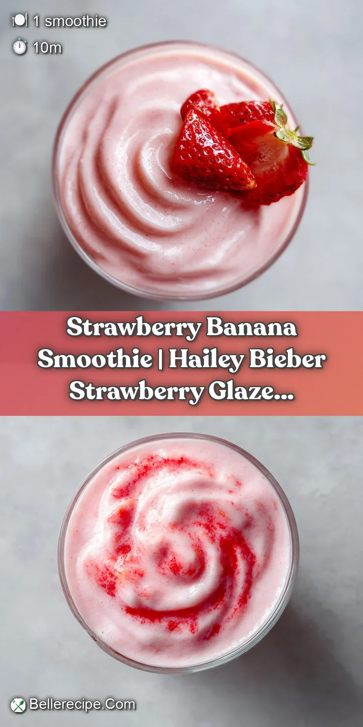 Close-up of thick, creamy pink smoothie texture with a glistening fresh strawberry slice resting on top.