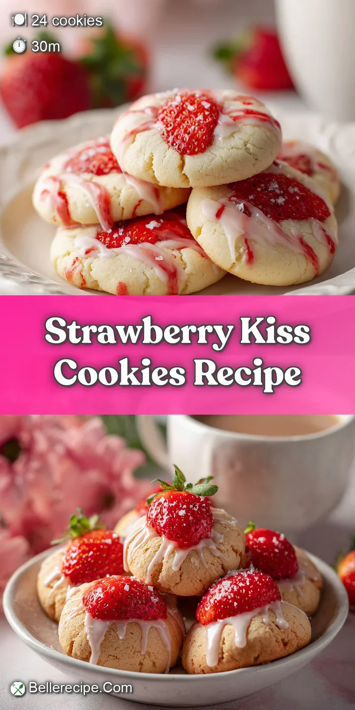 Close-up of a single strawberry cookie, showing its soft, slightly cracked surface and a dusting of powdered sugar. Delici...