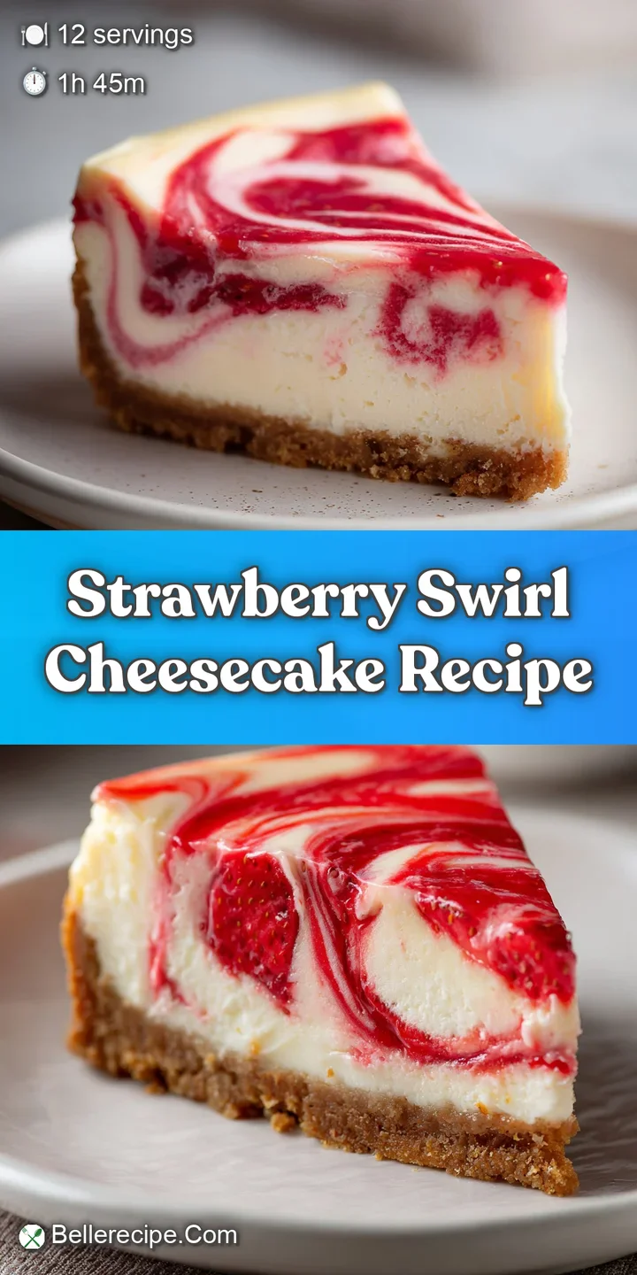 Close-up of a silky smooth cheesecake with ribbons of bright pink strawberry puree and a golden crust.