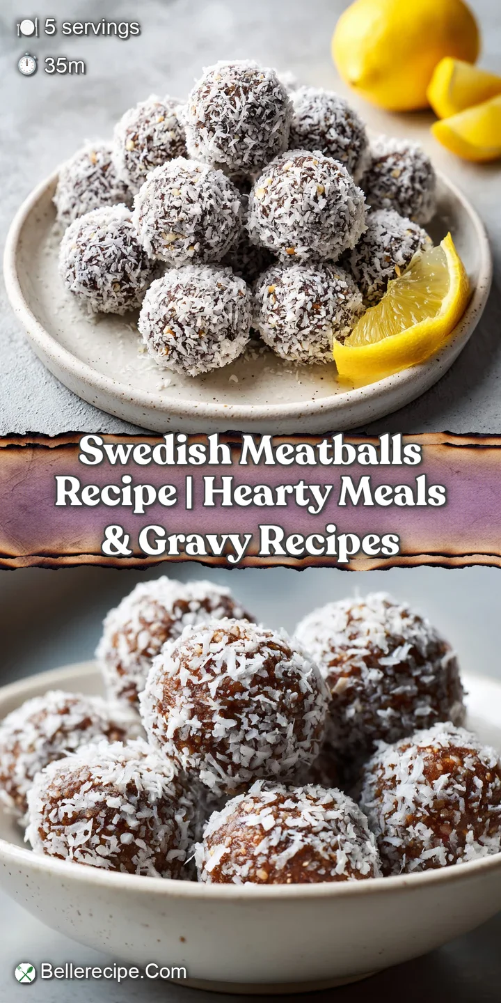 Close-up of tender Swedish meatballs glistening in a luscious, creamy brown gravy. A sprinkle of fresh herbs adds a vibran...