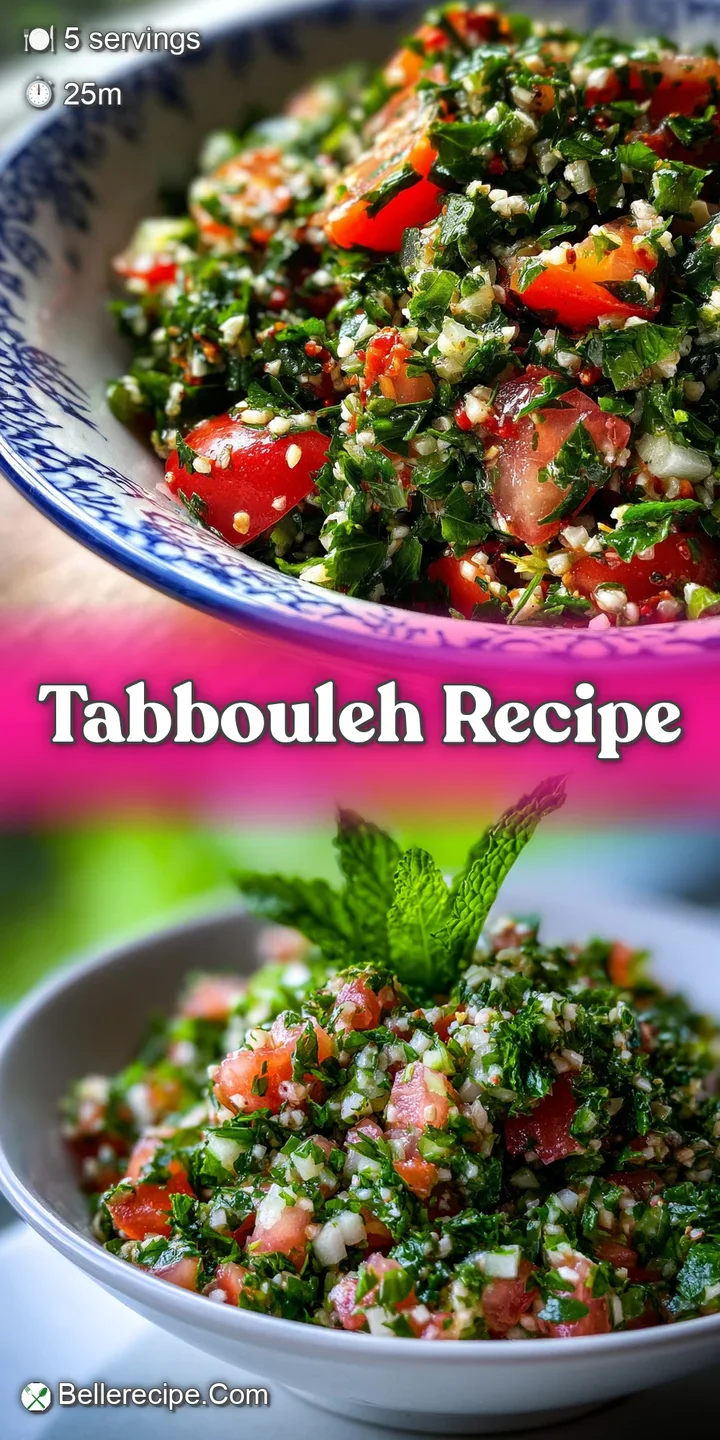 Close-up of glistening tabbouleh showing the bright, fresh herbs and diced tomatoes, promising an invigorating, zesty flavor.
