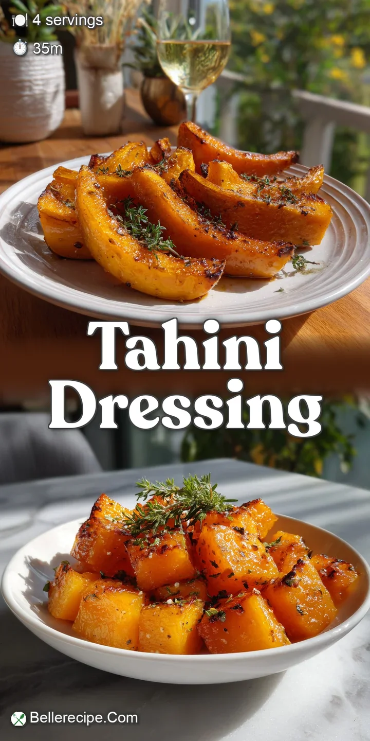 Close-up of tender, roasted butternut squash cubes with crispy edges, glistening with oil and accented by fresh, green her...