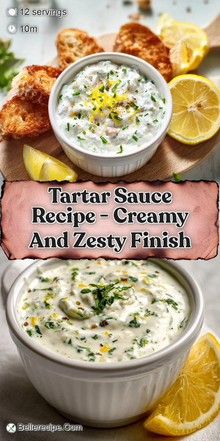 Close-up of thick, creamy tartar sauce, flecked with bright green herbs and piquant relish, sitting next to flaky, baked f...