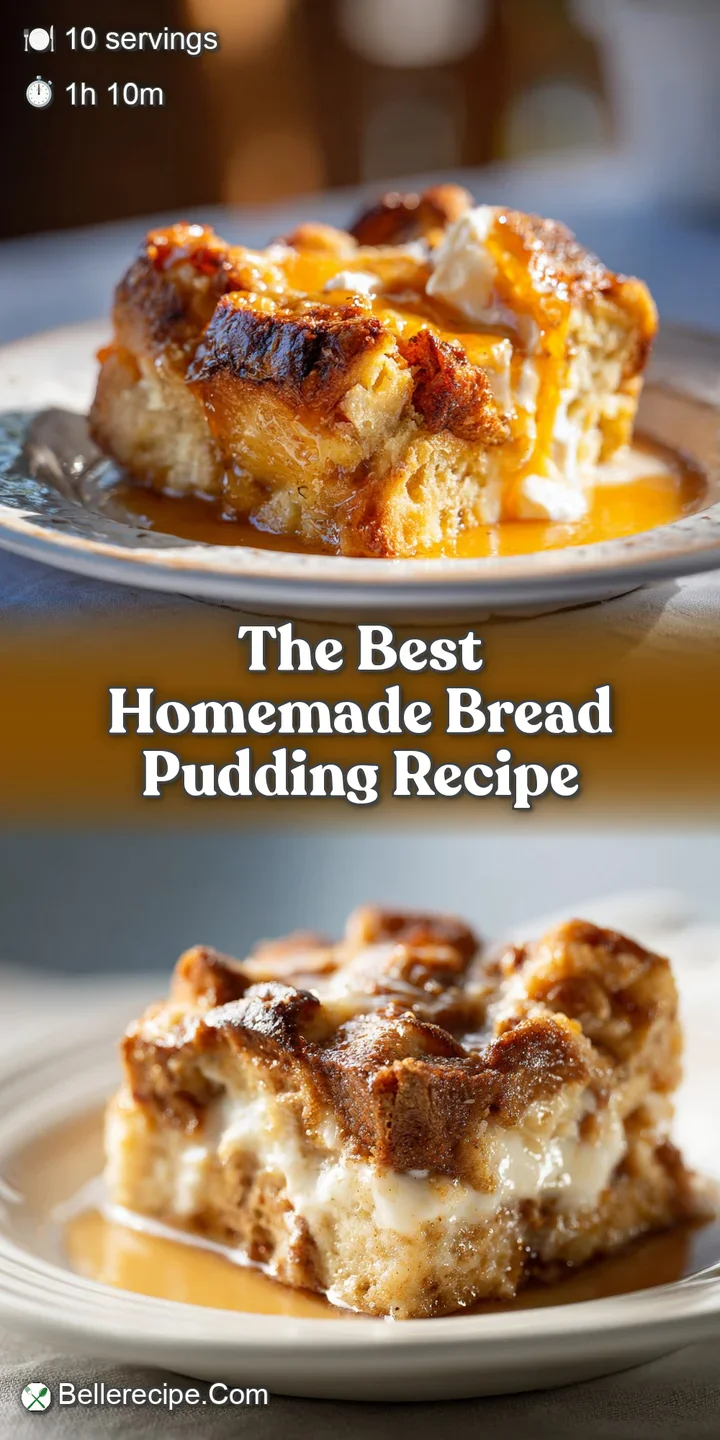 Close-up of a rich, custardy bread pudding reveals a soft interior with slightly caramelized edges. Hints of cinnamon and ...